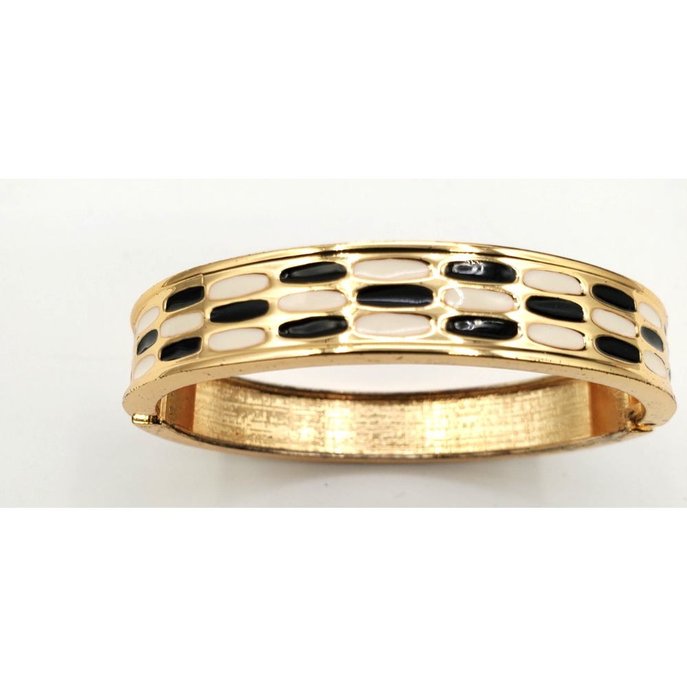Vintage Black & White Checkered Clamp Cuff Bracelet Gold Tone 7.5"
